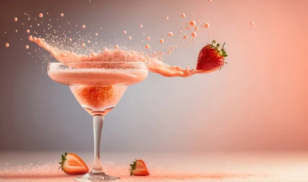 a strawberry splashing out of a glass of pink liquid.