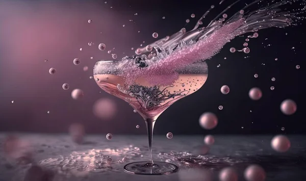 a pink drink with bubbles and a pink feather floating in it.