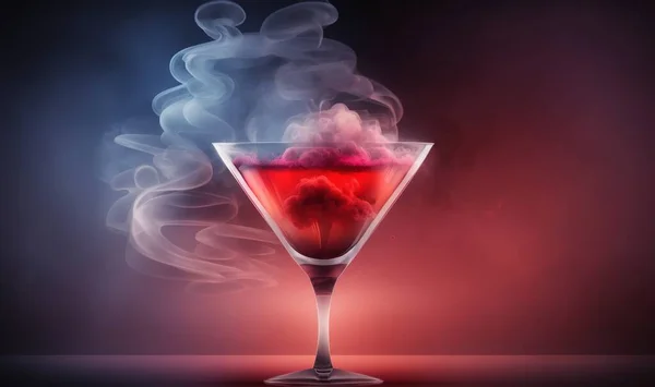 a glass filled with liquid and smoke on top of a table.