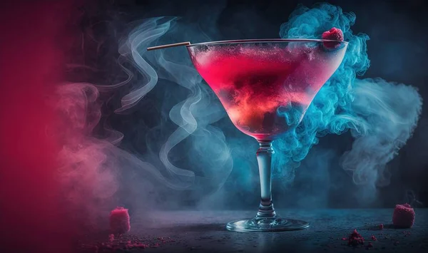 a smoke filled cocktail sitting on top of a table next to a candle.