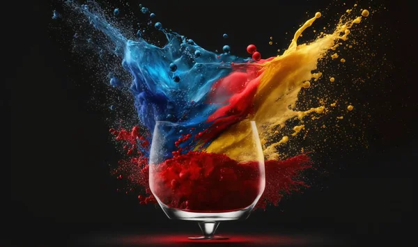 a glass filled with colored liquid and splashing into it.