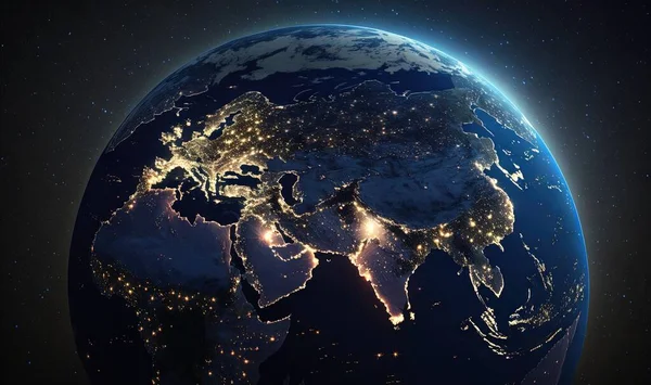 the earth is lit up at night with lights of cities.