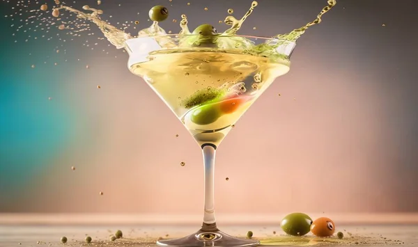 a martini glass filled with olives and a splash of water.