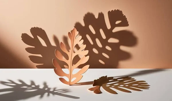 a shadow of a leaf and a plant on a table.