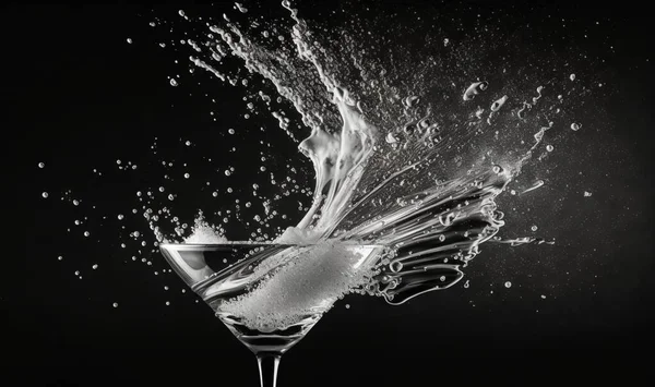 a martini glass with a splash of water on it\'s side.