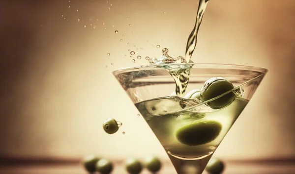 a martini glass filled with olives and a green olive.