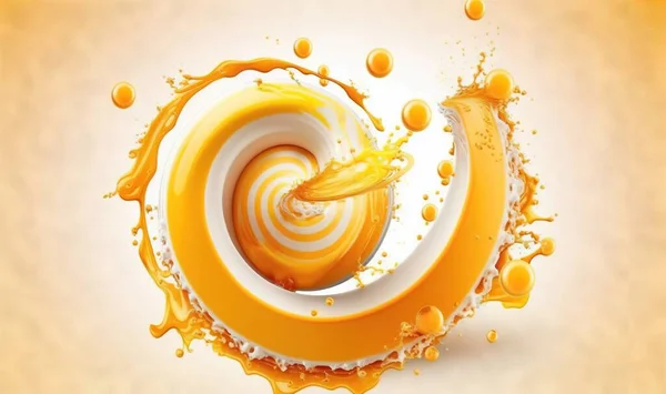 an orange liquid swirls around a white object on a yellow background.