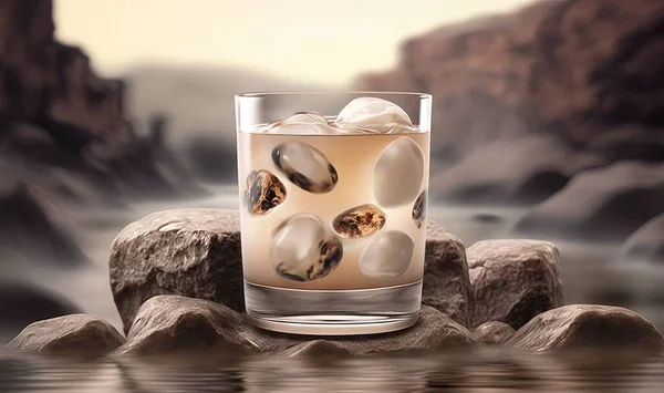a glass filled with ice and water on top of rocks.