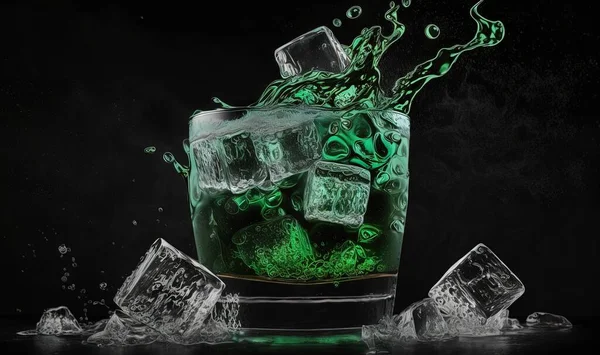 a glass filled with ice cubes and water splashing out of it.