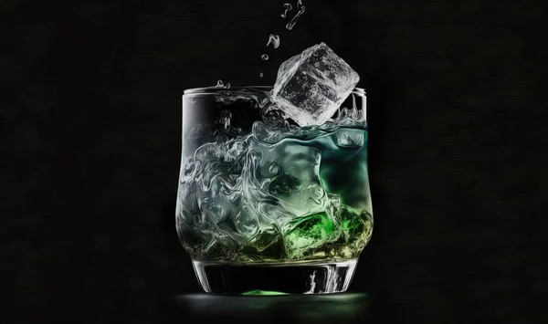a glass filled with liquid and ice cubes on a black background.
