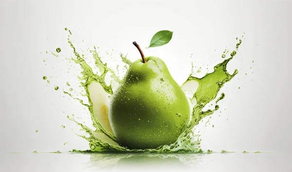 a green apple with a leaf and a splash of water.