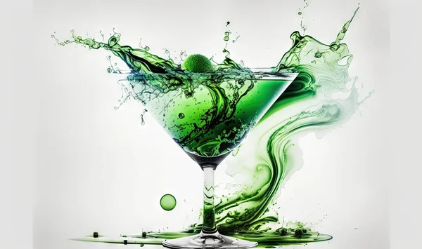 a martini glass with a green liquid splashing out of it.