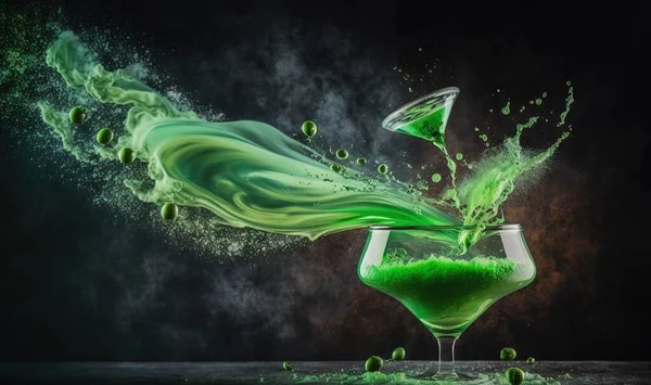 a green liquid splashing into a glass filled with liquid.