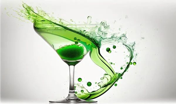a green liquid in a martini glass with a splash of water.