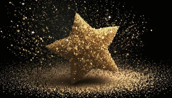 a gold star is falling down on a black background with stars.