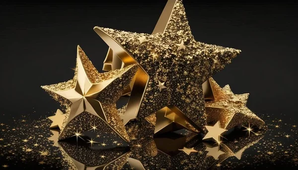 a gold star with many stars around it on a black background.
