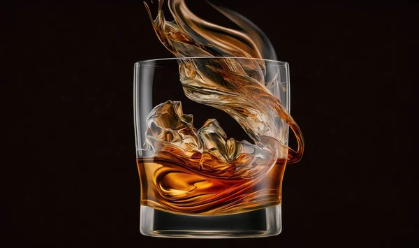 a glass of whiskey with ice and liquid swirling around it.