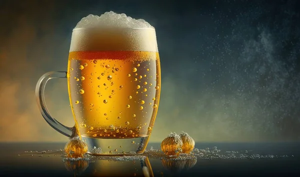 a glass of beer with ice and water droplets on a table.