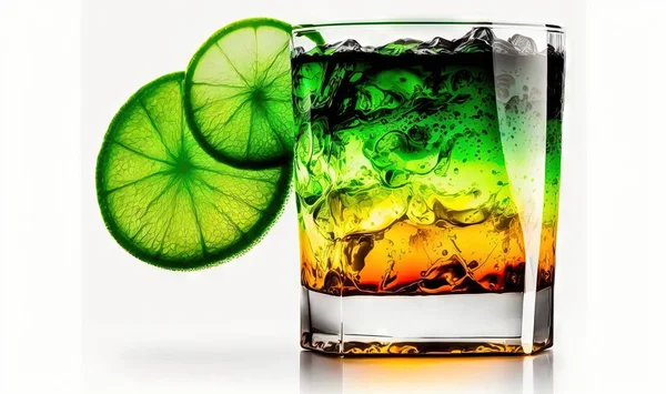 a glass of soda with a lime slice on the rim.