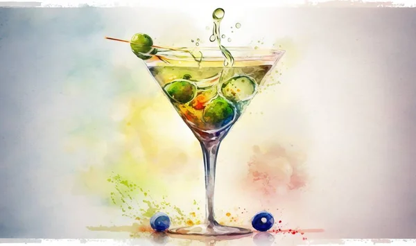 a painting of a martini with olives and a green olive.