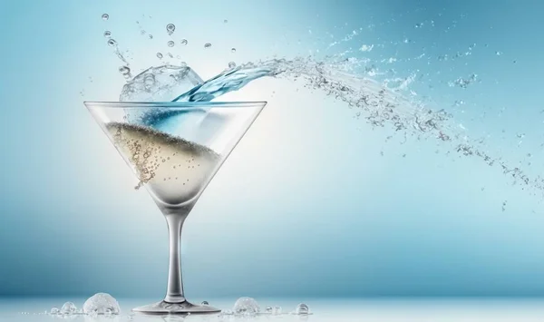 a martini glass with a splash of water on it and ice cubes around it.