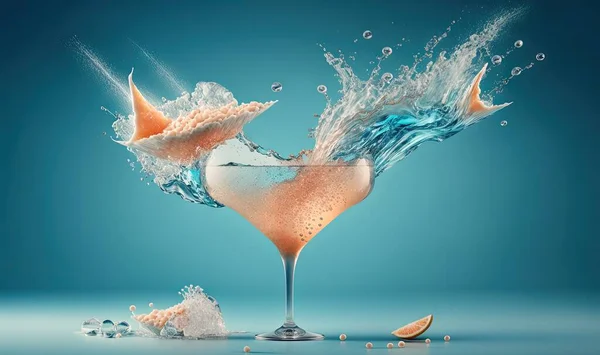a martini glass with a splash of water on top of it.