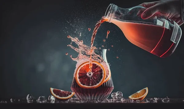 a person pouring orange juice into a glass with a slice of orange.