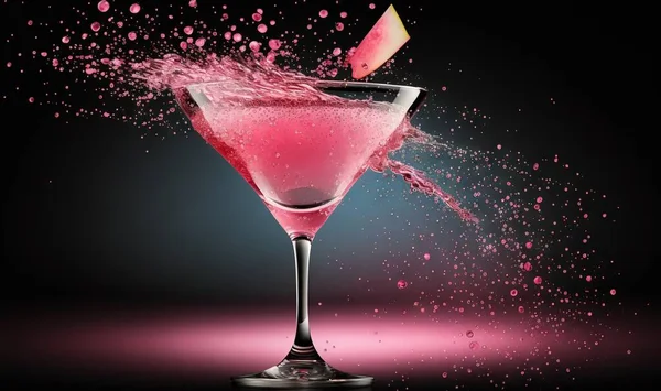 a pink drink with a splash of water on the rim.