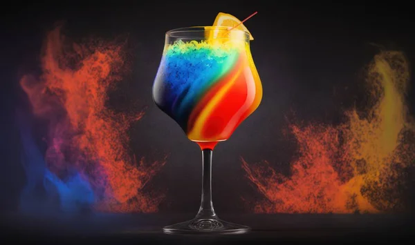 a colorful drink in a glass with a straw in it.
