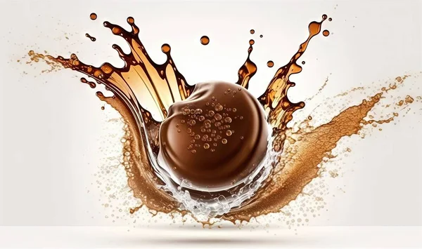 a piece of chocolate with a splash of liquid on it.