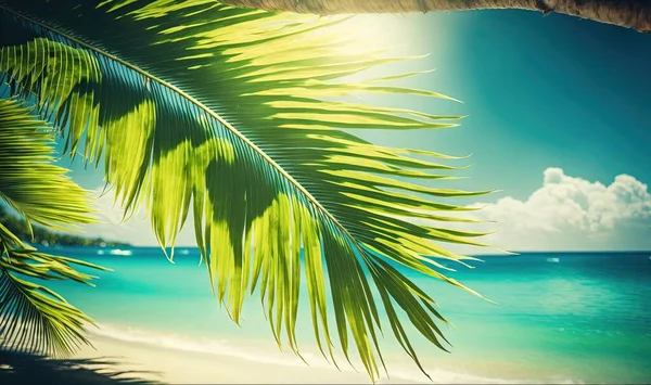 a painting of a beach with a palm tree in the foreground.