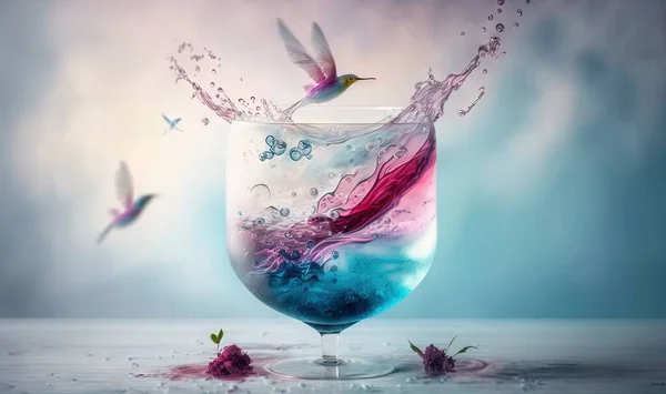 a glass filled with liquid and a bird flying over it.