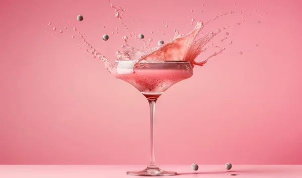 a pink cocktail with a splash of water on the rim.