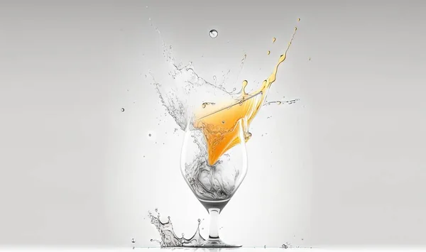 a glass of orange juice with a splash of water on it.