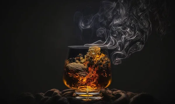 a glass filled with liquid and smoke on top of a table.