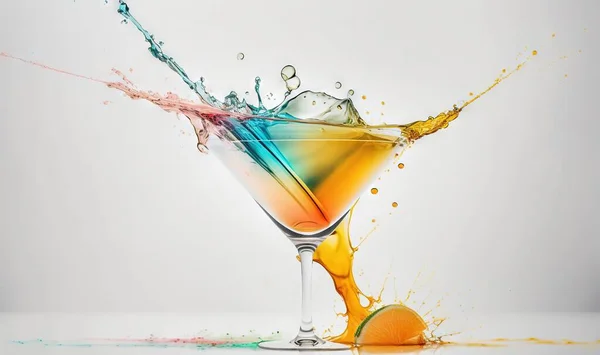 a colorful drink splashing out of a martini glass with an orange and blue liquid.