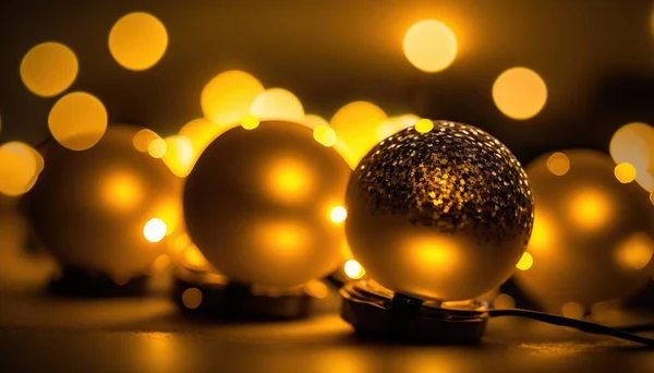 a close up of a ball on a table with lights in the background.