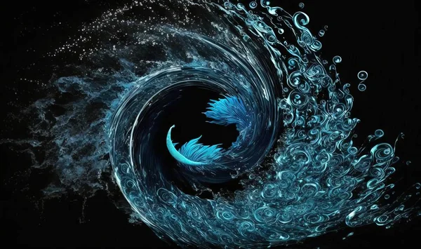 a blue swirl of water on a black background with bubbles.