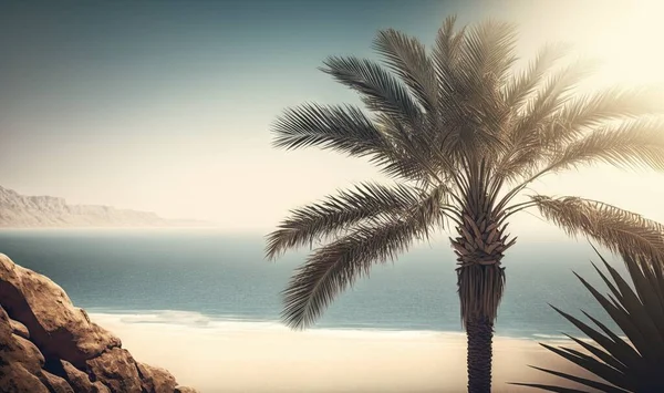 a palm tree on a beach near the ocean with a mountain in the background.