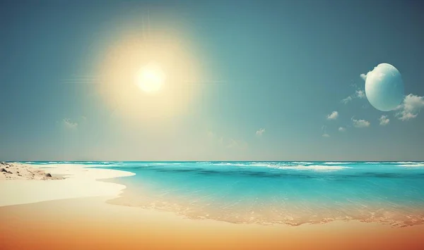 a beach scene with the sun shining over the water and sand.