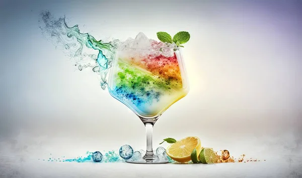 a colorful drink with ice and mint on a white background.