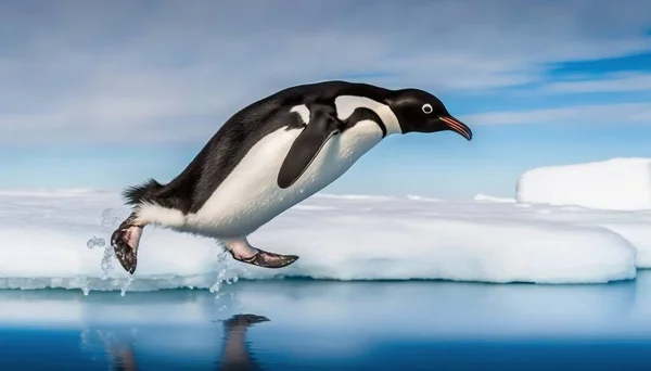 a penguin is jumping off of an iceberg into the water.