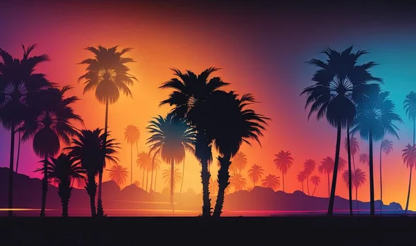 a painting of a sunset with palm trees and mountains in the background.