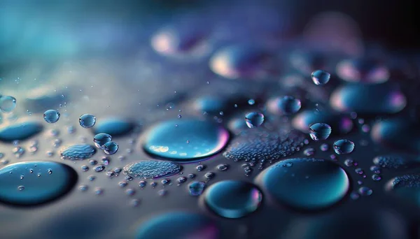 a close up of water droplets on a surface with a black background and a blue and purple hue to the left of the image, and the top right of the image is a close up of water droplets.