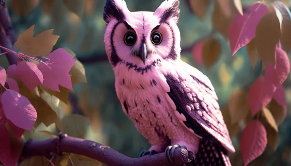 a pink owl sitting on a tree branch with leaves around it's neck and eyes wide open, with one eye wide open and one eye wide open.