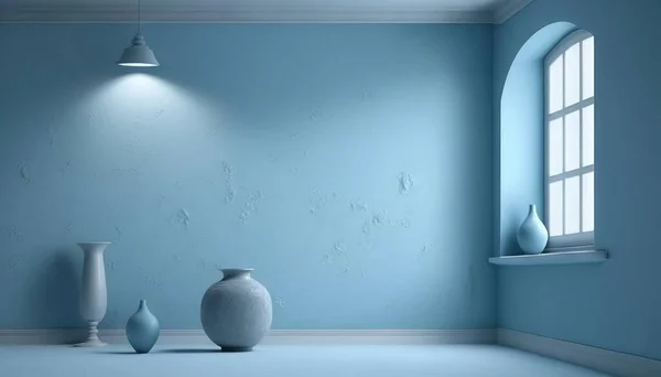 a blue room with three white vases and a window with a light coming through the window sill and a light coming through the window.