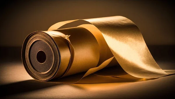 a roll of gold colored satin ribbon on a dark surface with a light shining on it and a shadow from the roll of gold colored satin.
