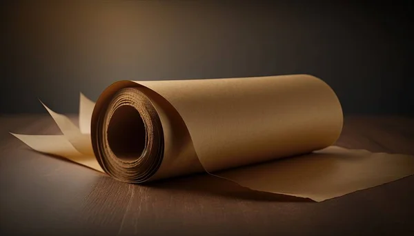 a roll of brown paper sitting on top of a wooden table next to a roll of brown paper on top of a wooden table next to a roll of brown paper.