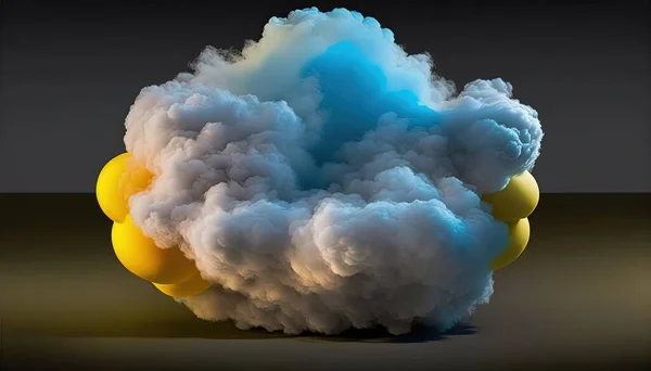 a cloud of smoke is floating in the air on a black background with yellow and blue balls in the foreground and a black background with a gray backdrop.