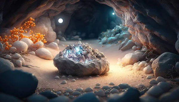 a cave filled with lots of rocks and a large rock with a light shining in the middle of it and a bunch of small rocks on the ground.